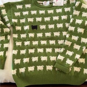Green Sheep Motif Crewneck Sweater